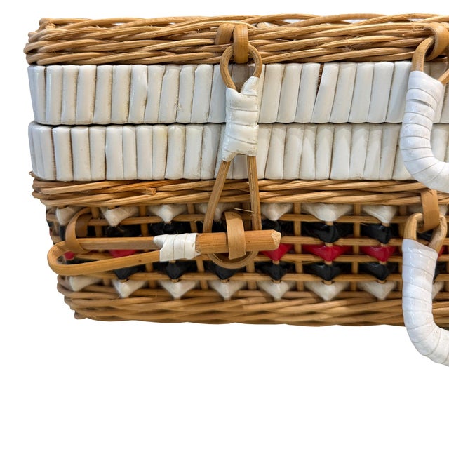 Mid-Century Modern Vintage Gucci Inspired Bamboo Wicker Picnic Basket Case With Red, Black and White Striped Weave For Sale - Image 3 of 9