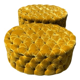 1980s Vintage Yellow Tufted Ottomans - a Pair For Sale