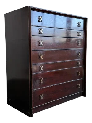1950s High-Boy Dresser With Nickel X-Shaped Pulls by Paul Frankl for Johnson Furniture