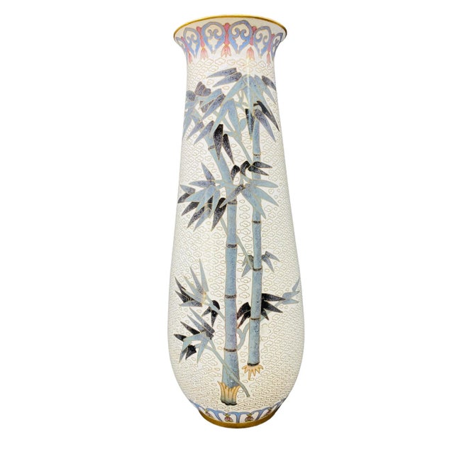 Vintage Gray and Black Bamboo Cloisonne Vase. Bamboo, rim, and base outlined in gold. Interior lining is turquoise. Vase...