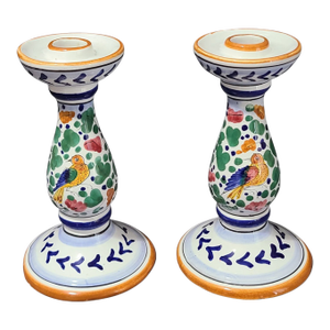 Early 20th Century Keesal & Mathews Italian Hand Painted Deruta Pottery Candlesticks- a Pair