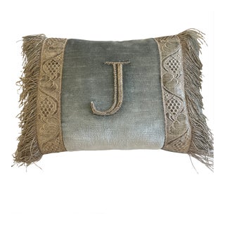 B. Viz Design Antique Metallic Gold Appliqué on Slate Velvet Small Letter ‘J’ Decorative Pillow For Sale