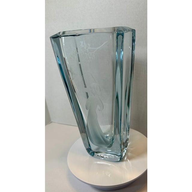 Glass Vintage Strömbergshyttan B1046 Swedish Mid-Century Ice Blue Engraved Crystal Vase For Sale - Image 7 of 14