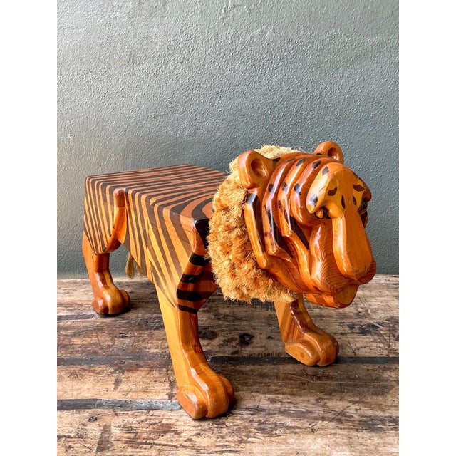 Rustic Vintage Handcrafted Wood and Jute Tiger Stool For Sale - Image 3 of 16