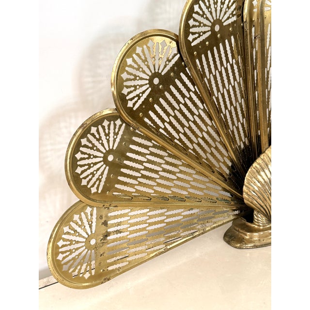 Brass Vintage Brass Peacock Folding Fireplace Screen With Shell Motif For Sale - Image 8 of 15