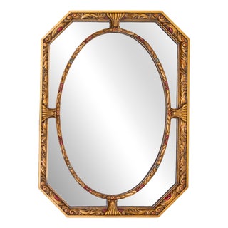 Art Deco Octagonal Hand Carved Wooden Mirror, 1920 For Sale