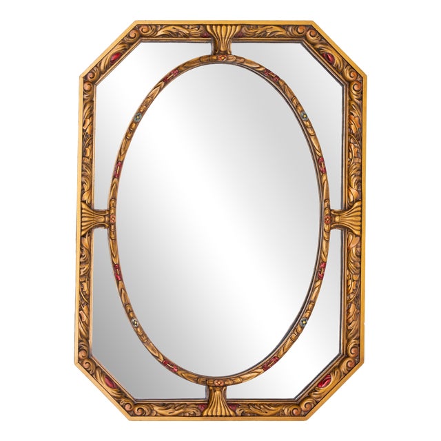 Art Deco Octagonal Hand Carved Wooden Mirror, 1920 For Sale