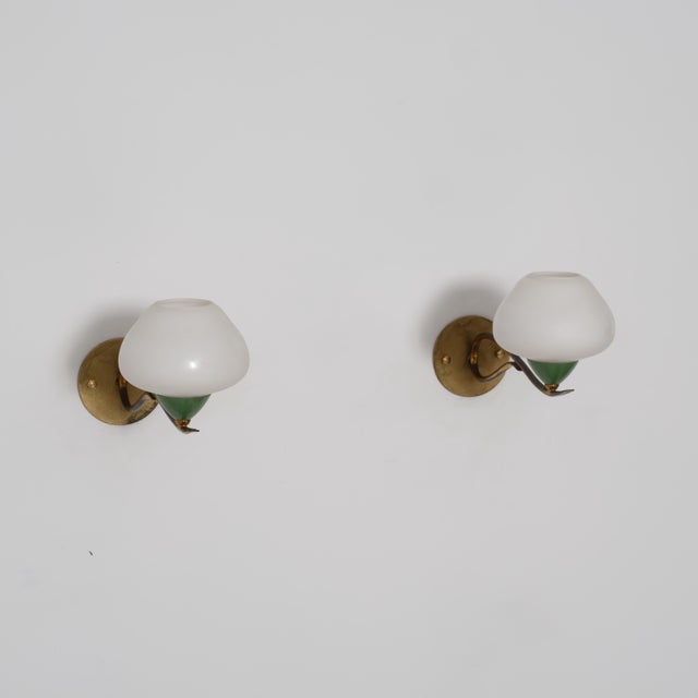 1950s Italian Brass, Green Lacquered Metal and Opaline Glass Wall Sconces, 1950s, Set of 2 For Sale - Image 5 of 13