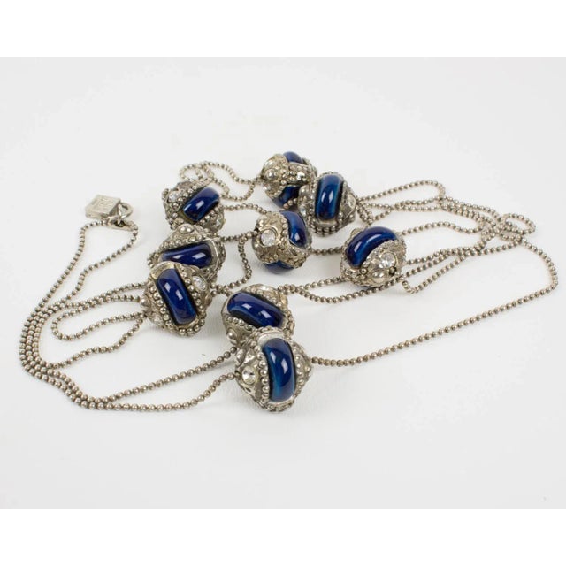 Alexis Lahellec Paris Extra Long Silvered Metal Necklace With Blue Ceramic Beads For Sale In Atlanta - Image 6 of 12