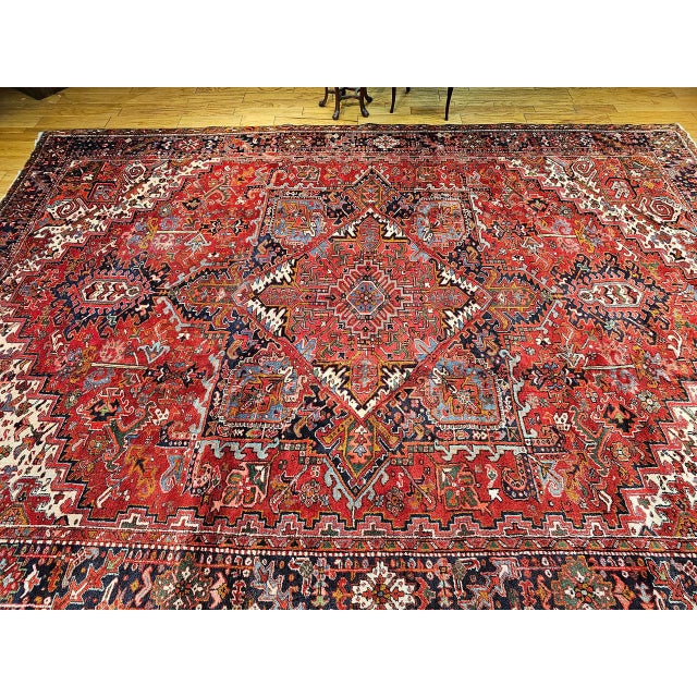 Vintage Oversized Persian Heriz Rug, Hand-Knotted Wool, Geometric Pattern, Red & Navy, 12x16 For Sale - Image 9 of 10