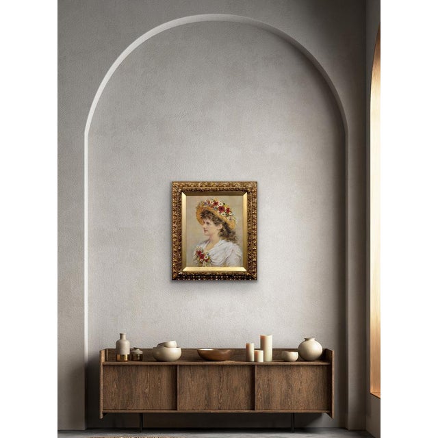 Alice Anne Renshaw, Young Lady with Summer Meadow Flowers in Her Straw Hat, Watercolour & Gouache Painting, 1800s, Framed For Sale - Image 9 of 18