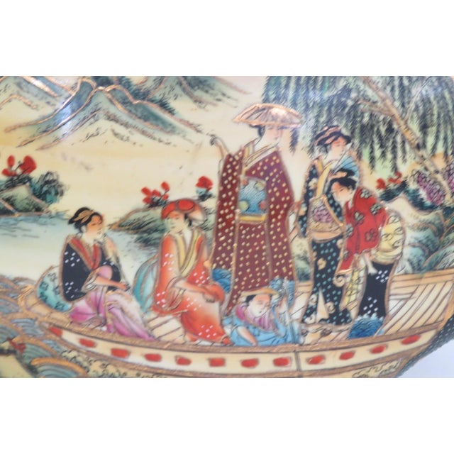 Japanese Satsuma Style Fan Shaped Pillow Vase Hand Painted Geisha and Flowers Motif 5056b For Sale - Image 3 of 18