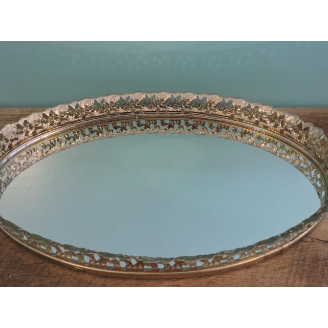 Metal Vintage Metal Filigree Large Oval Mirror Vanity Tray Brass Finish For Sale - Image 7 of 18