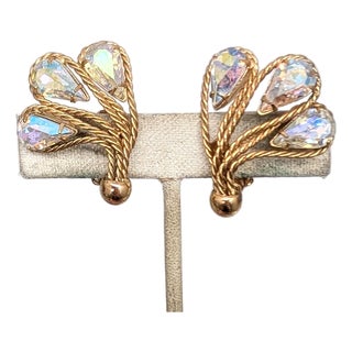 Vintage 1960s Signed Napier Goldtone Aurora Borealis Clip Earrings-2 Pieces For Sale