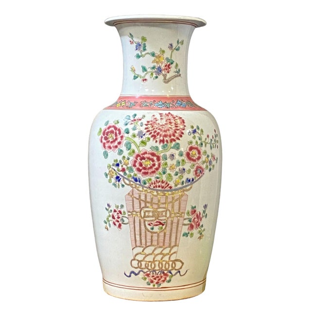 Rose Vintage Chinoiserie Porcelain Famille Rose Style Vase 16" H For Sale - Image 8 of 9