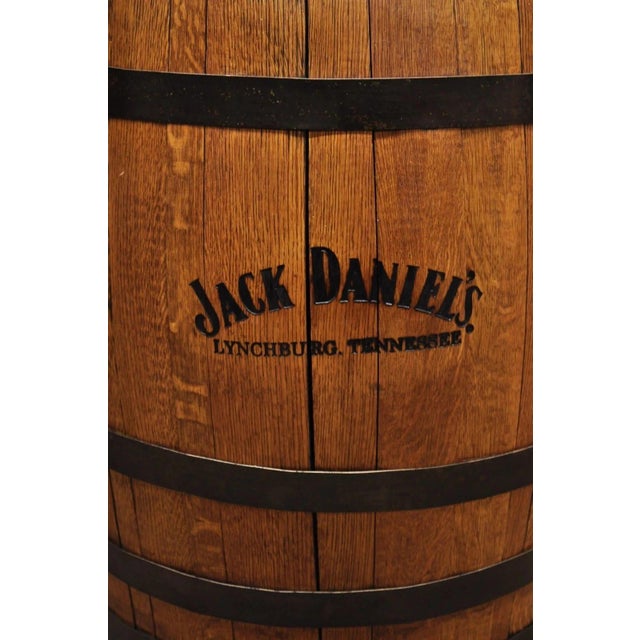 Jack Daniels Whiskey Barrel Engraved Oak Wood With Metal Bands For Sale - Image 4 of 12