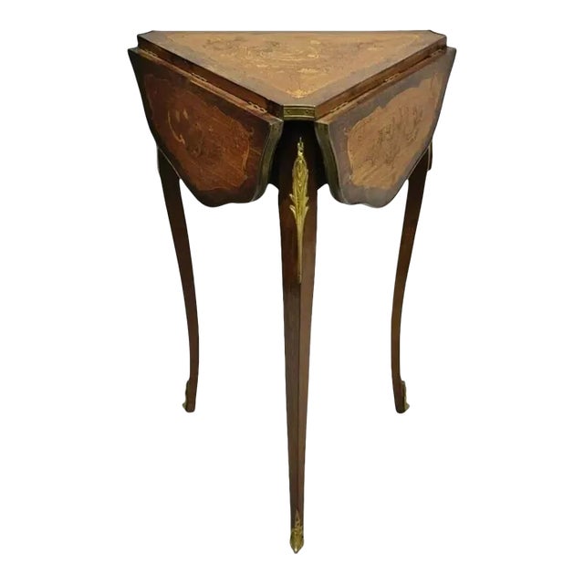 French Louis XV Satinwood Inlay Triple Drop Leaf Side Table With Bronze Ormolu For Sale