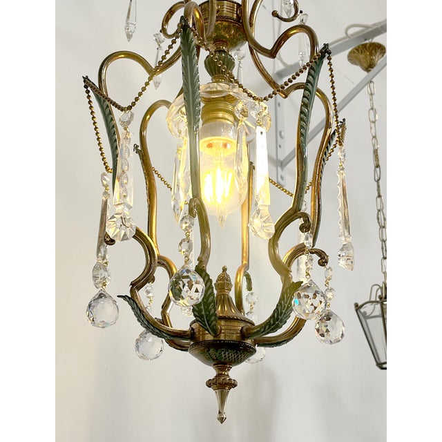 Brass and Green Pendant Light with Cut Crystal Drops, Italy, 1950s For Sale - Image 11 of 17