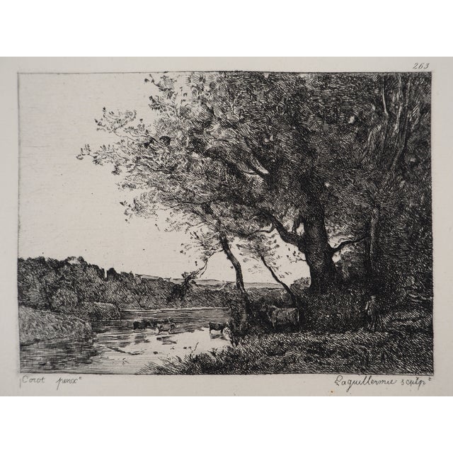 JB Camille Corot, Cows at the River, Engraving, 1873 For Sale