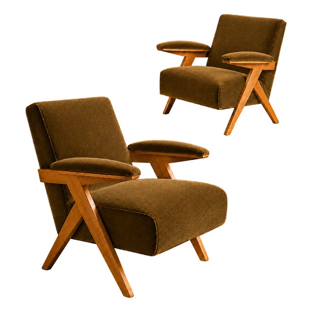 José Zanine Caldas Pair of Brazilian Modern Armchairs in Pau Marfim & Olive Mohair, Brazil, 1950s For Sale