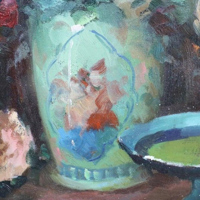 Textile Vintage Oil on Canvas Floral Still Life Painting of Garden Roses C1960 For Sale - Image 7 of 14