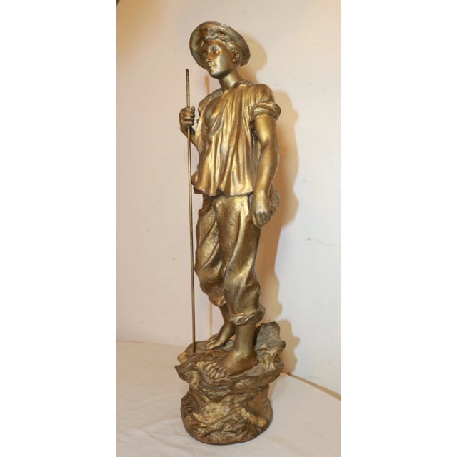 19th Century Large Antique Gold Gilded Metal Sheep Herder Paysan Figural Statue Sculpture For Sale - Image 5 of 12