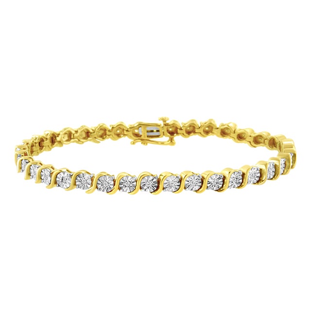 14K Yellow Gold Plated .925 Sterling Silver 1/4 Cttw Diamond Round Miracle Plate and "S" Link Tennis Bracelet (I-J Color, I2- I3 Clarity) - 7" For Sale