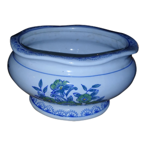 Vintage Scalloped Edge Ceramic Planter Pot With Blue and Green Floral Pattern