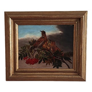 C.B. Hjortdal, Couple d'Oiseaux sur une Branche Fruitée, Oil on Wood, Framed For Sale