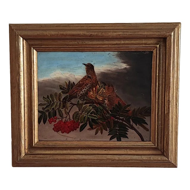 C.B. Hjortdal, Couple d'Oiseaux sur une Branche Fruitée, Oil on Wood, Framed For Sale
