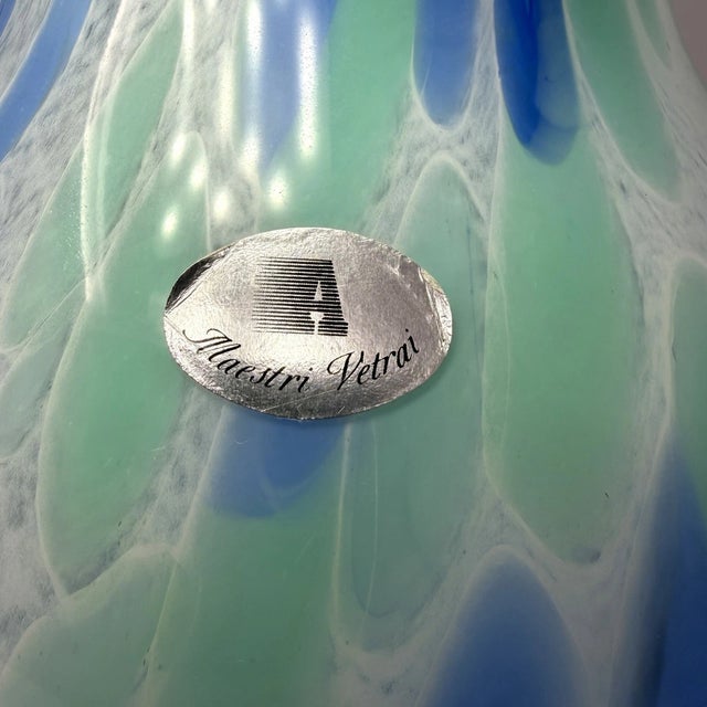 1990s Vintage Maestri Vetrai Murano Style Blue Green Macchie Pattern Art Blown Glass Vase For Sale - Image 5 of 5
