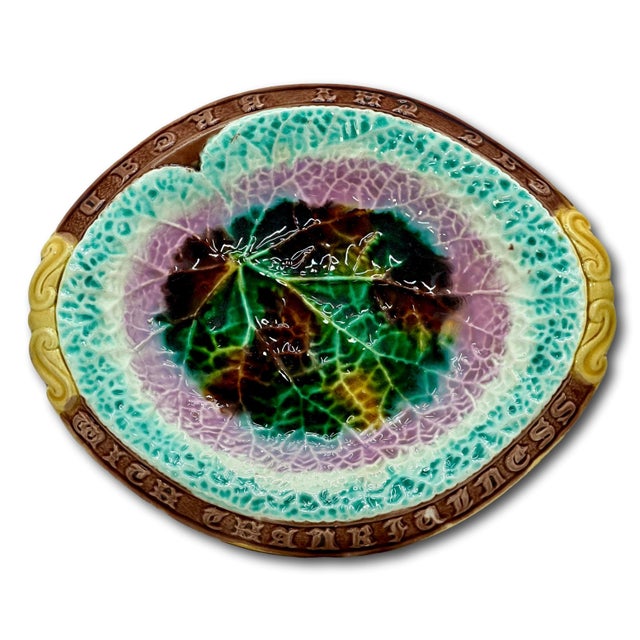 Ceramic Antique 1880s Victorian Majolica "Eat Thy Bread With Thankfulness" Motto Serving Tray With Beautiful Colors For Sale - Image 7 of 18