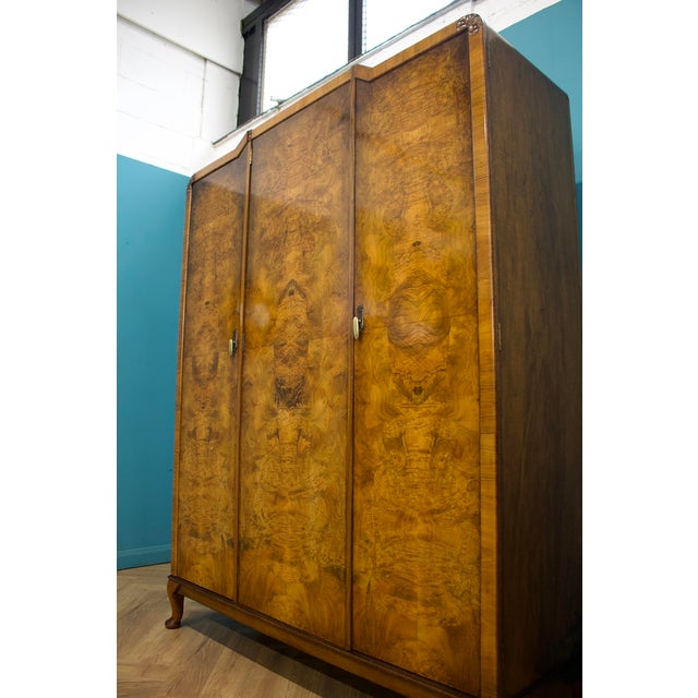 1930s Vintage Art Deco Burr Walnut Triple Door Wardrobe, 1930s For Sale - Image 5 of 15
