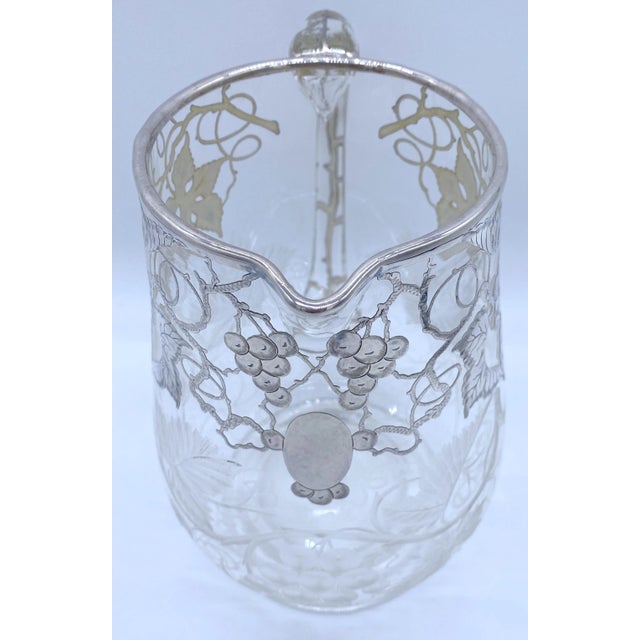 Metal American Engraved Grape Motif & Silver Overlay Crystal Pitcher, Possibly Hawkes For Sale - Image 7 of 8