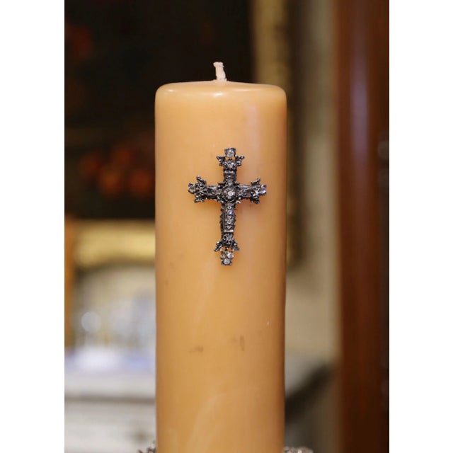 Pair 19th Century French Louis XV Silvered Church Candlesticks With Wax Candles For Sale - Image 10 of 13
