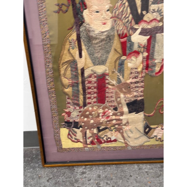 Shou Lao + Deer Silk Vintage Embroidery, Framed For Sale - Image 11 of 12