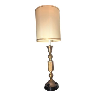 Mid Century Candle Stick Asian Design Brass Table Lamp on Wooden Base With Shades For Sale