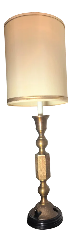 Mid Century Candle Stick Asian Design Brass Table Lamp on Wooden Base With Shades