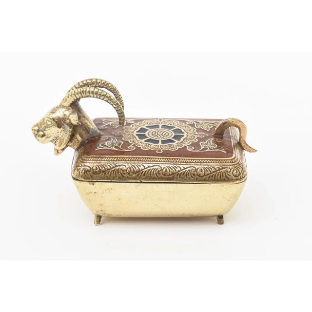 Vintage Brass Rams Head Hinged Small Box With Enamel Design For Sale - Image 12 of 12