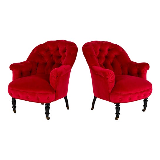 French Velvet Button Back Armchair For Sale