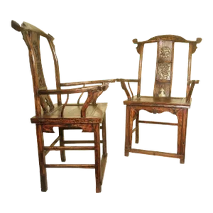 Antique High Back Arm Chairs, Cypress/Elm Wood, Circa 1800-1849 - A Pair