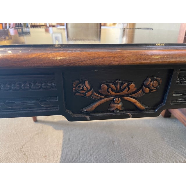 A Solid Hardwood Old Hickory Game Table Featuring a Western Motif, Highlighted by Nail Trim, Fluted Legs, and an Intricately Carved Apron For Sale In Kansas City - Image 6 of 11