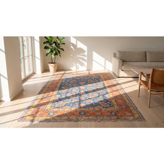 Small Scatter Size Light Sky Blue Ground Color Rustic Tribal Geometric Herati Design Antique Indian Cotton Agra Rug For Sale In New York - Image 6 of 8