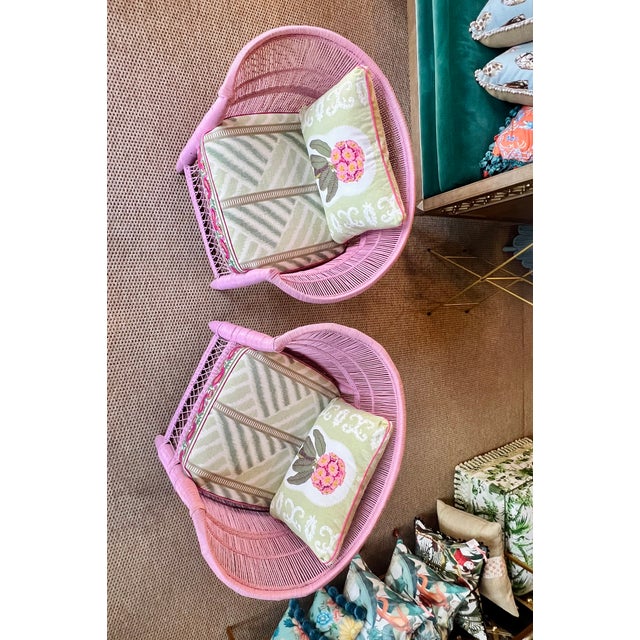 Shabby Chic Pair of Pink Wicker Chairs Palm Beach Style For Sale - Image 3 of 14