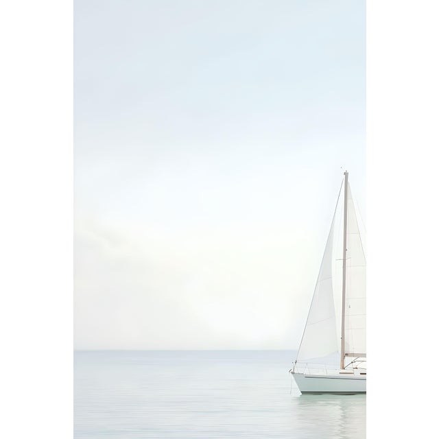 Minimalist coastal artwork featuring a solitary sailboat on calm water beneath a soft, neutral sky. The composition...