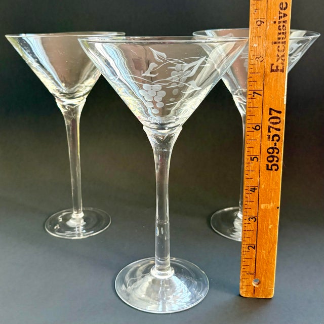 Glass Vintage Handmade Etched Grapevine Martini Glasses With Tulip Stems – Set of 3 For Sale - Image 7 of 8