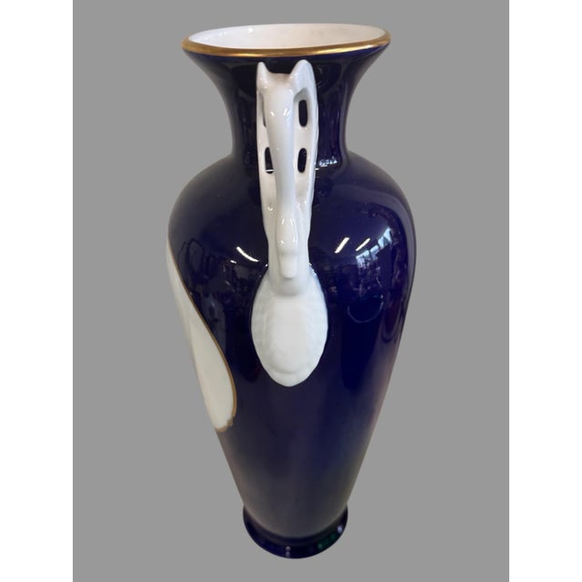 Art Deco Haas & Cajzek Cobalt Blue Vase Large Czech Porcelain Swan Urn Vintage 14.5" Tall For Sale - Image 3 of 10