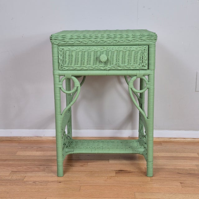 Green 1970s Celery Green Painted Wicker Night Stand End Table W/ Drawer For Sale - Image 8 of 9