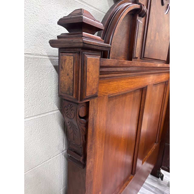 Victorian Antique Full Size Victorian Monumental Carved Walnut Burl Wood Bed For Sale - Image 3 of 13