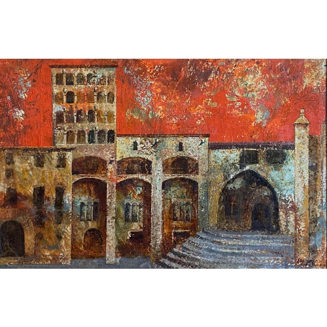 Large scale modernist painting by Spanish painter Jose Lapayese Del Rio, 1968. Titled "Plaza Del Rey, Barrio Gotico...
